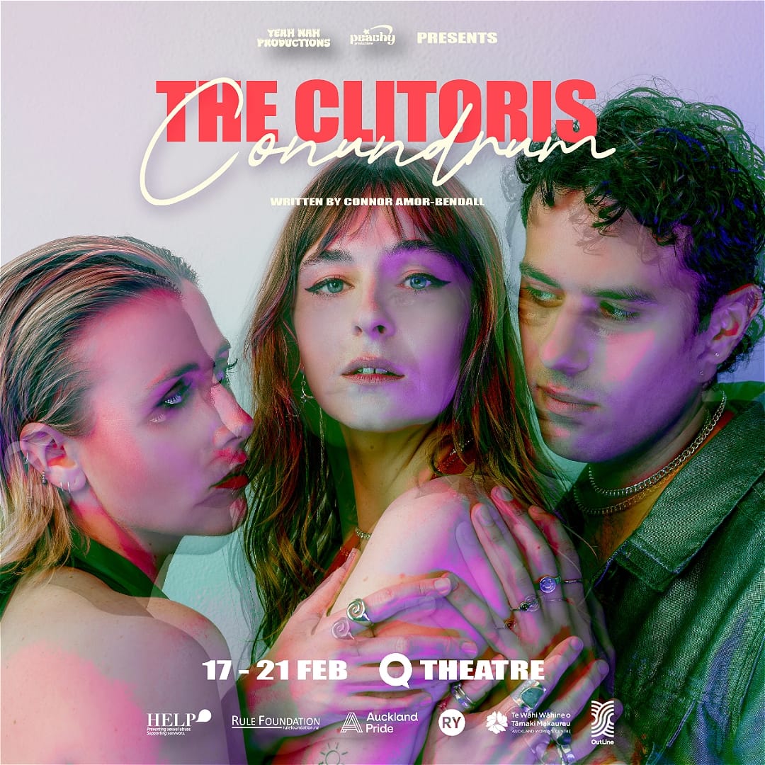 A young woman and young man hold a young woman between them. The photo has a psychedelic quality, with offset ghosts of each person in bright unnatural colours. Text has details of the play.